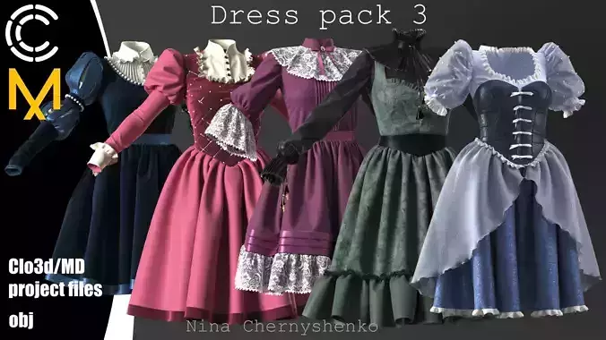 Dress pack 3 - Marvelous Designer project and OBJ
