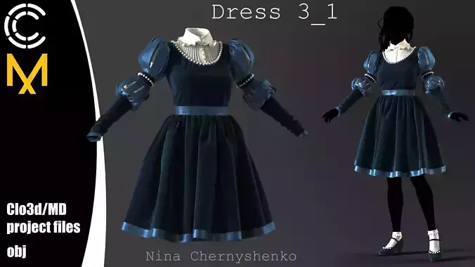 Dress 3-1 - Marvelous Designer project and OBJ