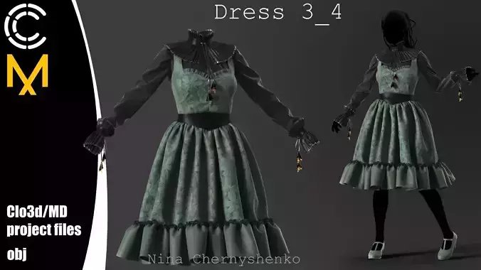 Dress 3-4 - Marvelous Designer project and OBJ