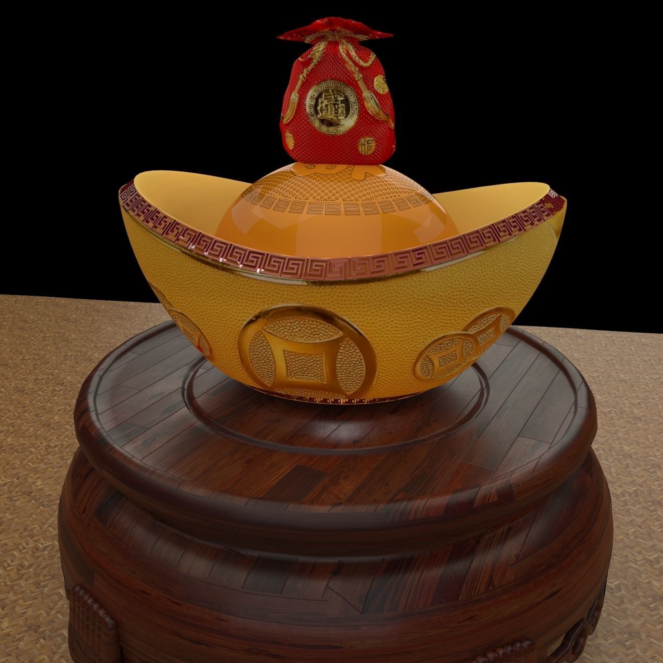 Chinese gold ingot piggy bank with money bag 3D model_5