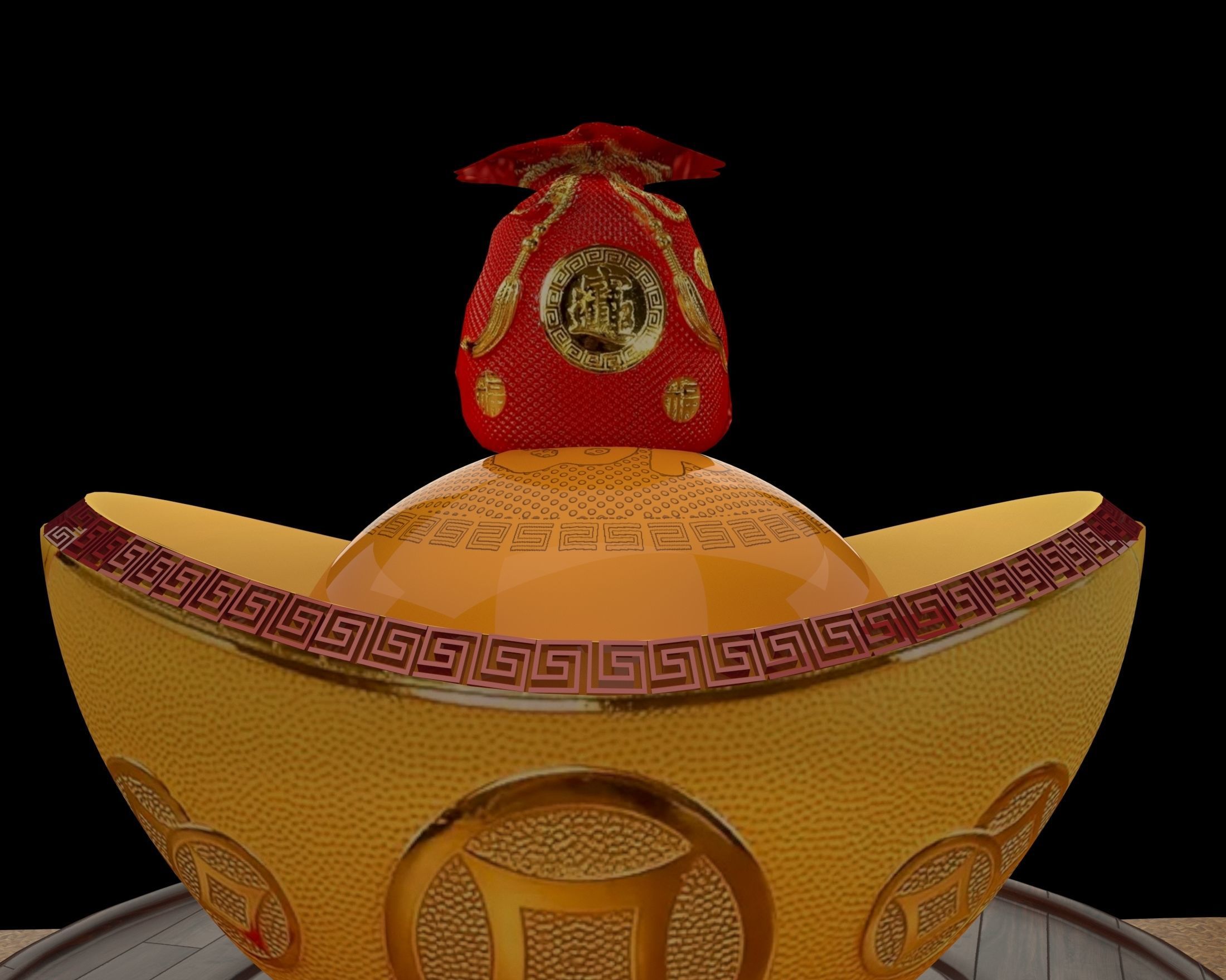 Chinese gold ingot piggy bank with money bag 3D model_3