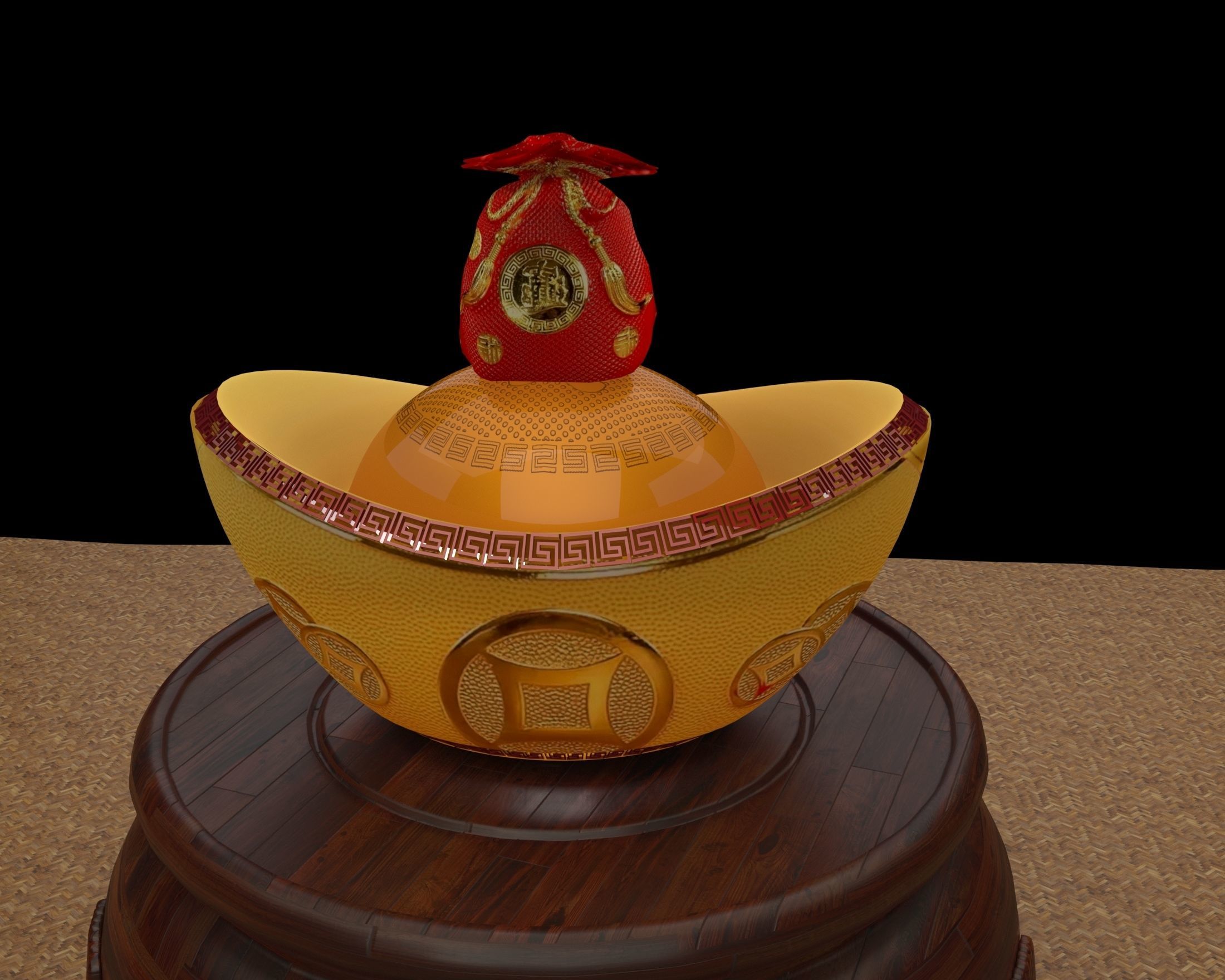 Chinese gold ingot piggy bank with money bag 3D model_2