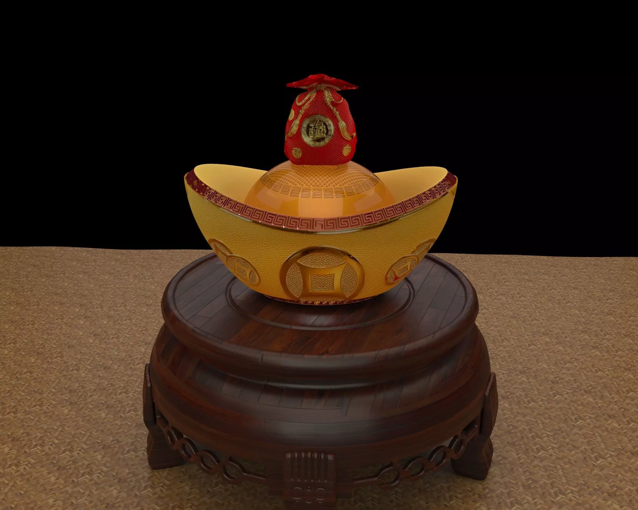 Chinese gold ingot piggy bank with money bag 3D model_0