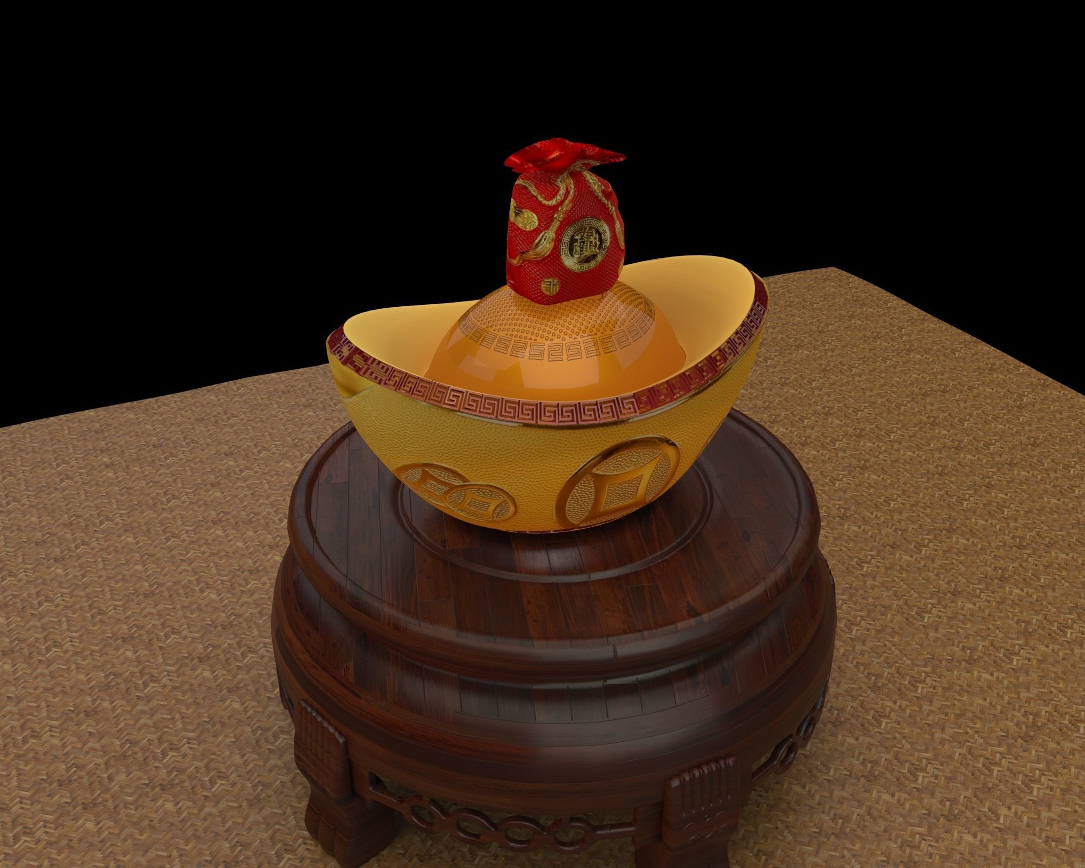 Chinese gold ingot piggy bank with money bag 3D model_4