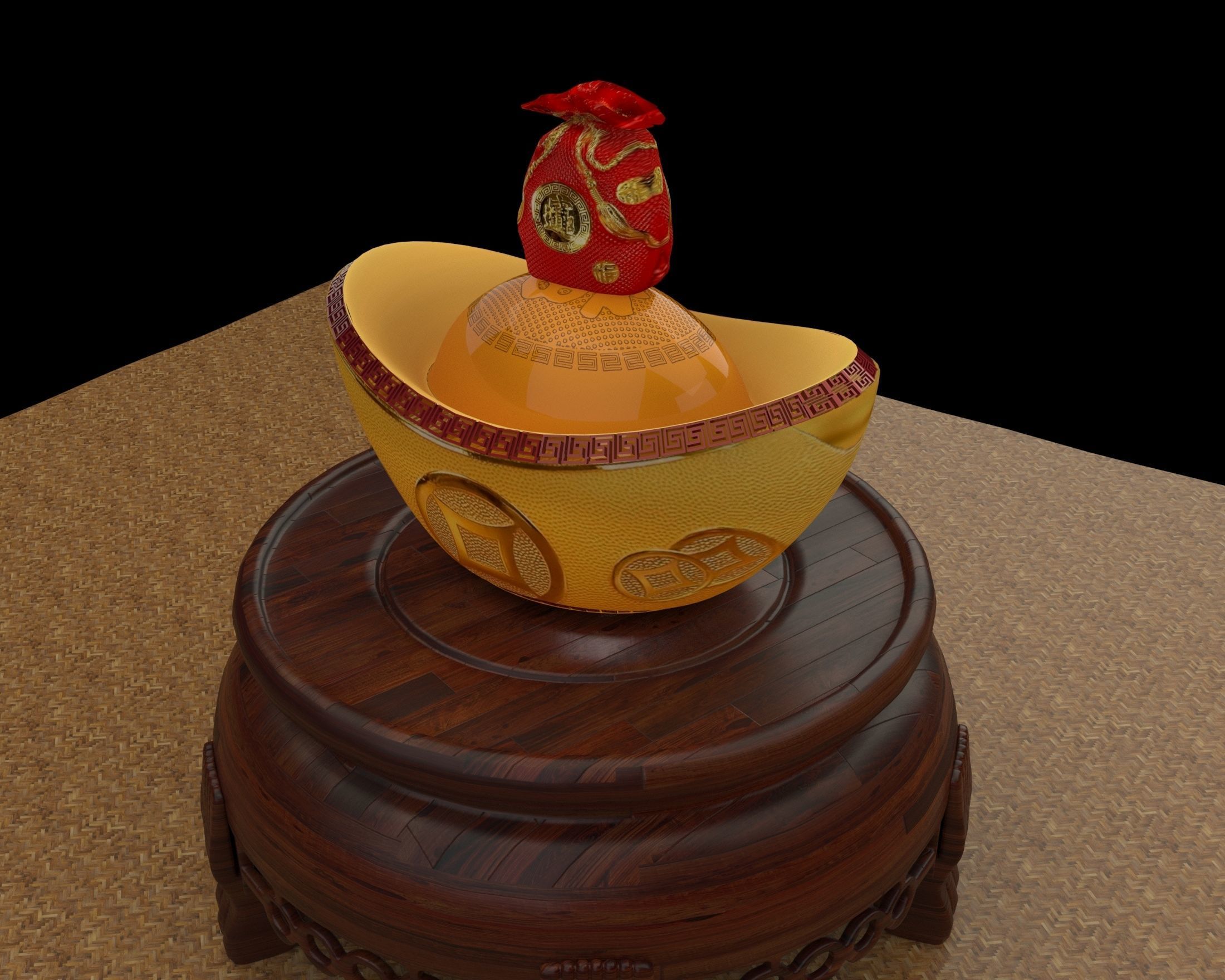 Chinese gold ingot piggy bank with money bag 3D model_1