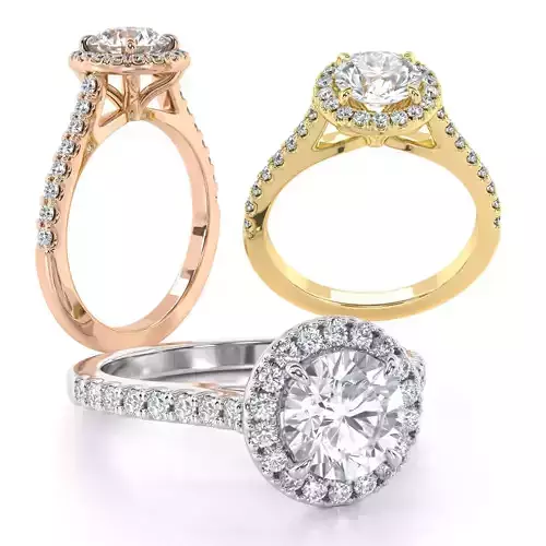 Round Cut Engagement Ring One Row Pave Diamond Band