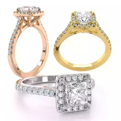 Princess Cut Engagement Ring One Row Pave Diamond Band