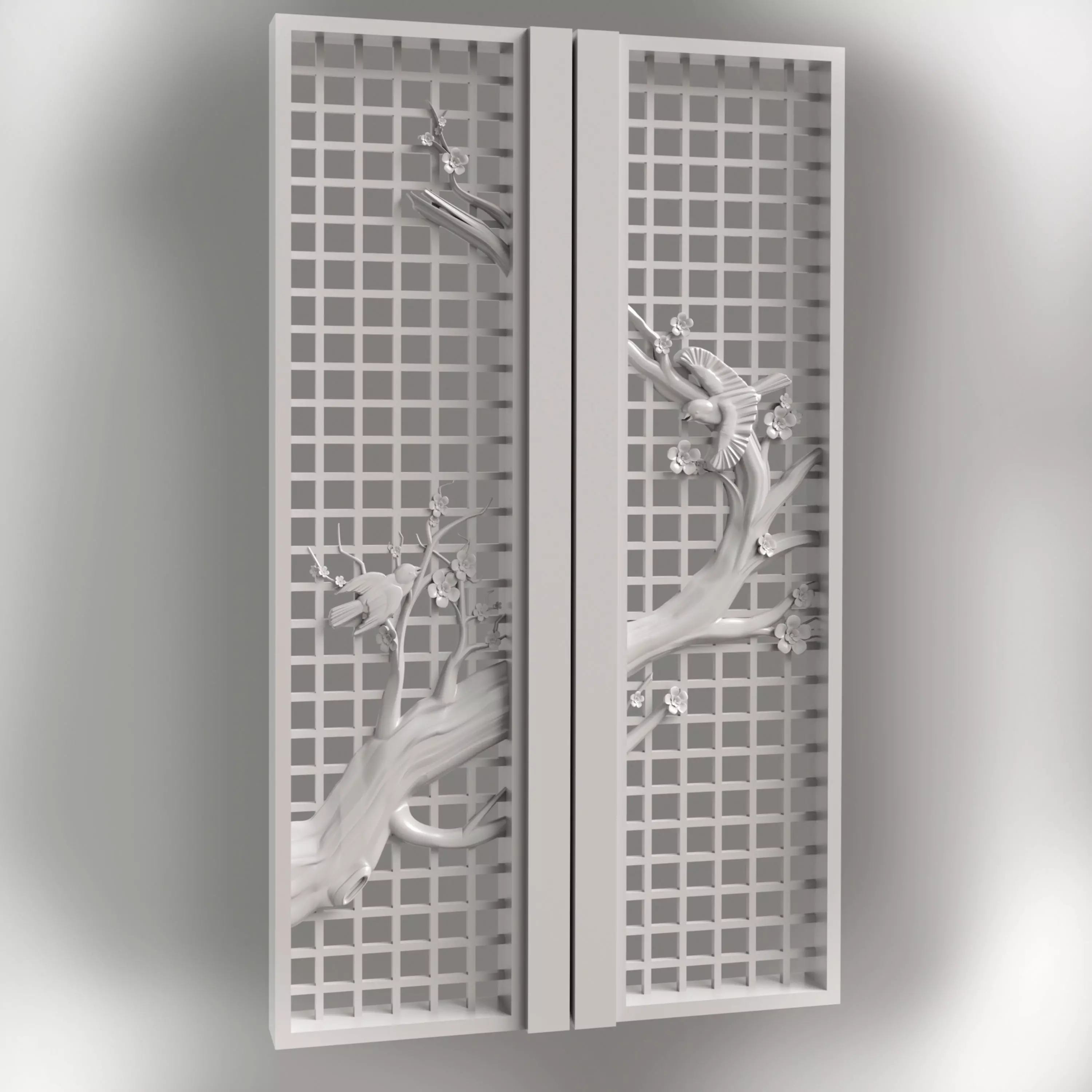stl model of a door cherry blossoms and birds for CNC router 3D print model