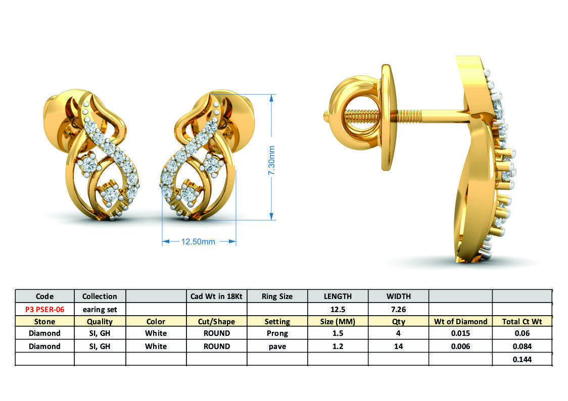 Yellow gold diamond earring-P3 PSER-06 3D print model_3