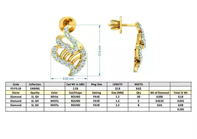 light weight  Yellow gold diamodnd earring-P3 PSER-19