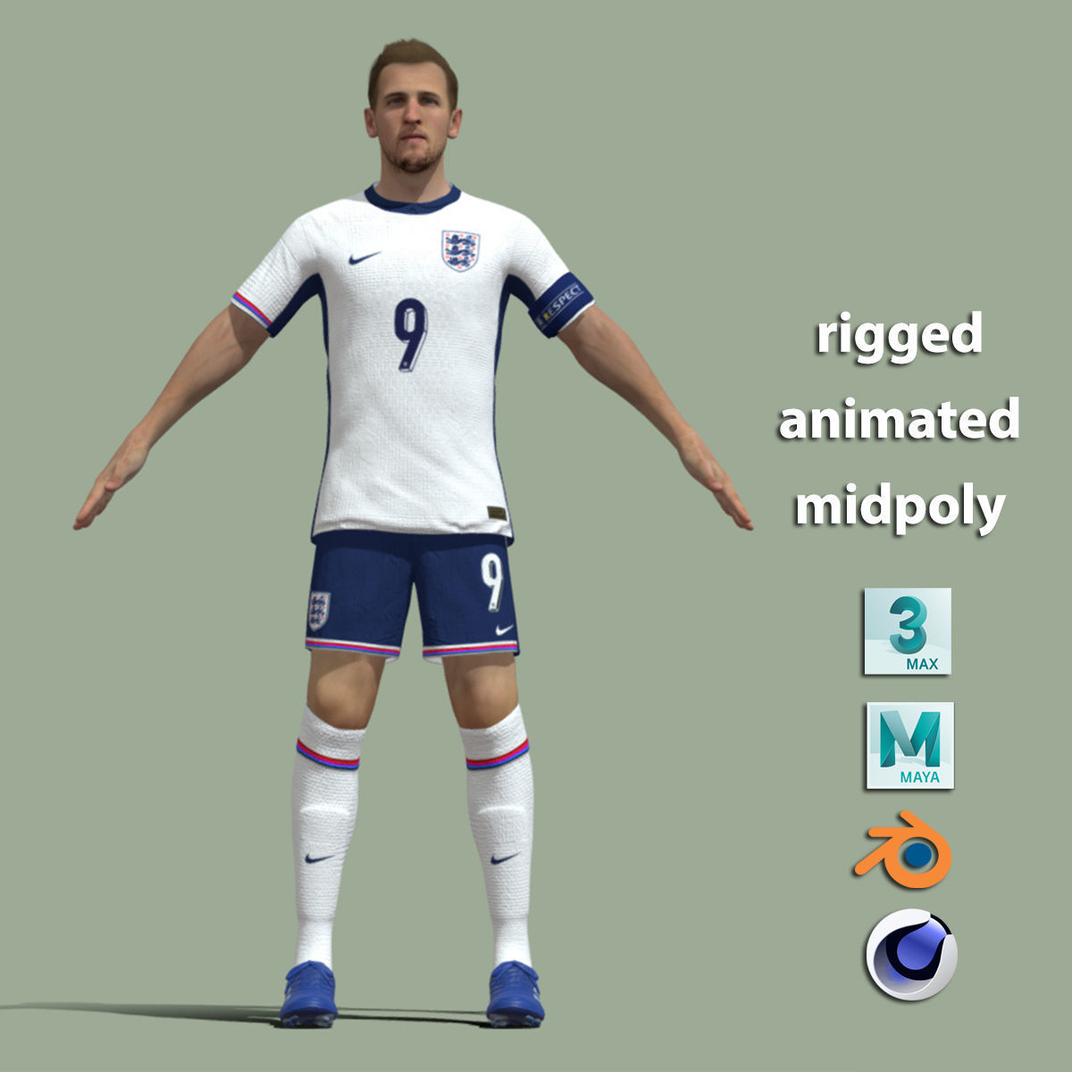 T-Pose Rigged Harry Kane England Euro 2024 3D model_1