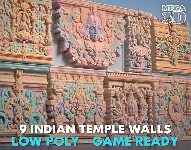 Low poly Indian Temple Walls A - 240612 Low-poly 3D model