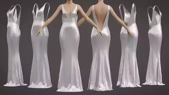 3D Silk Satin Silver Wedding Dress - Backless Party Gown Low-poly 3D model