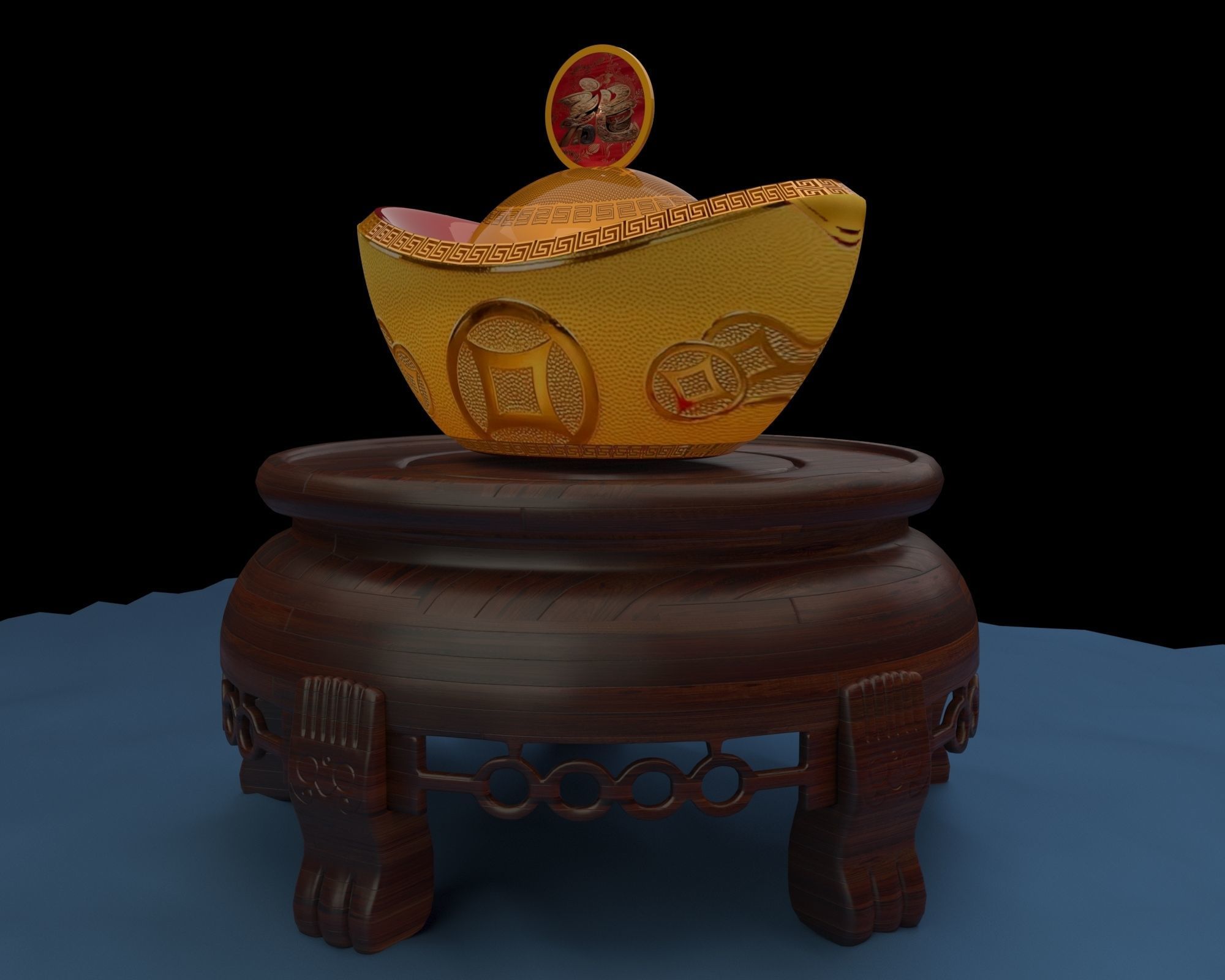 Chinese gold ingot piggy bank 3D model_3