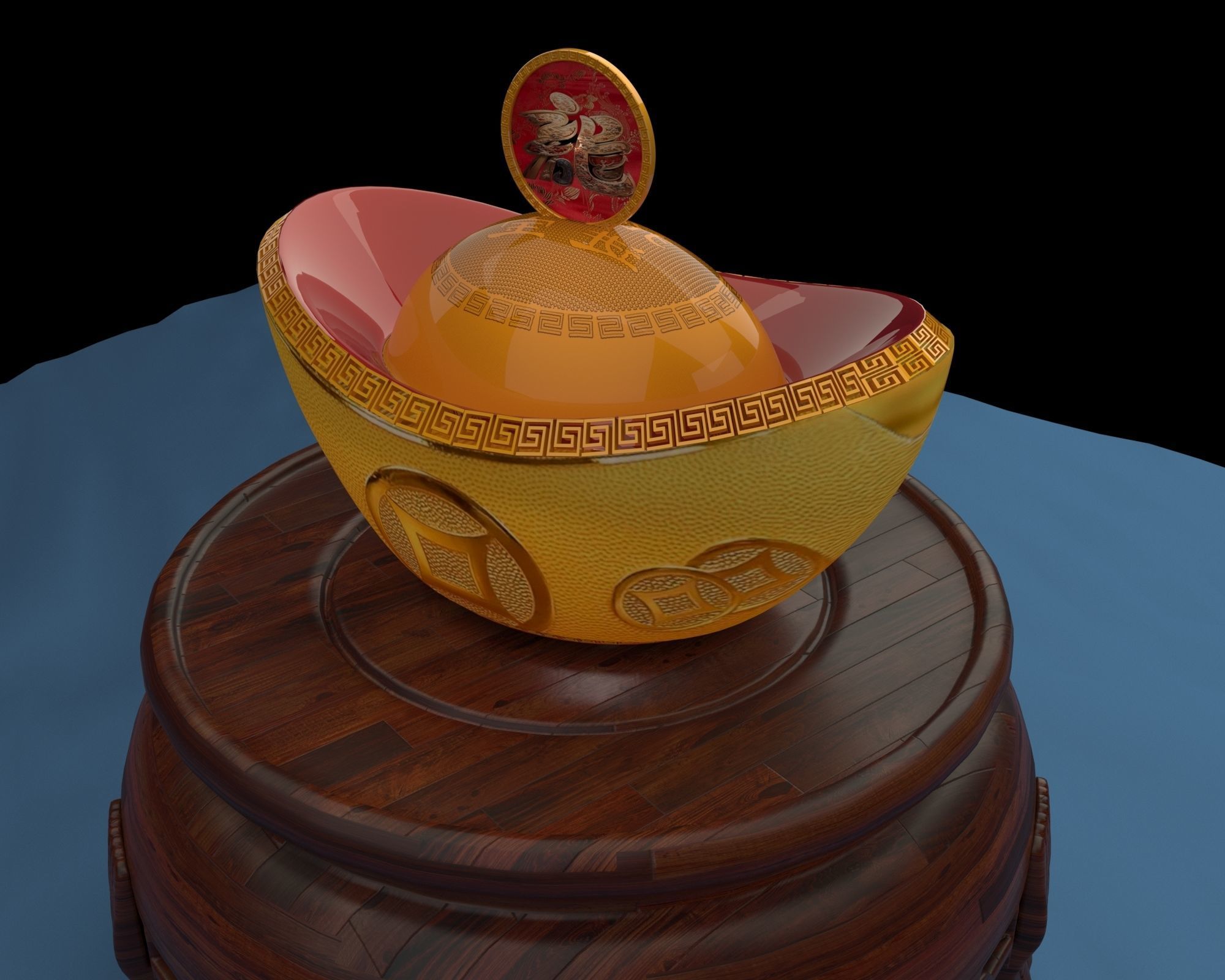 Chinese gold ingot piggy bank 3D model_1