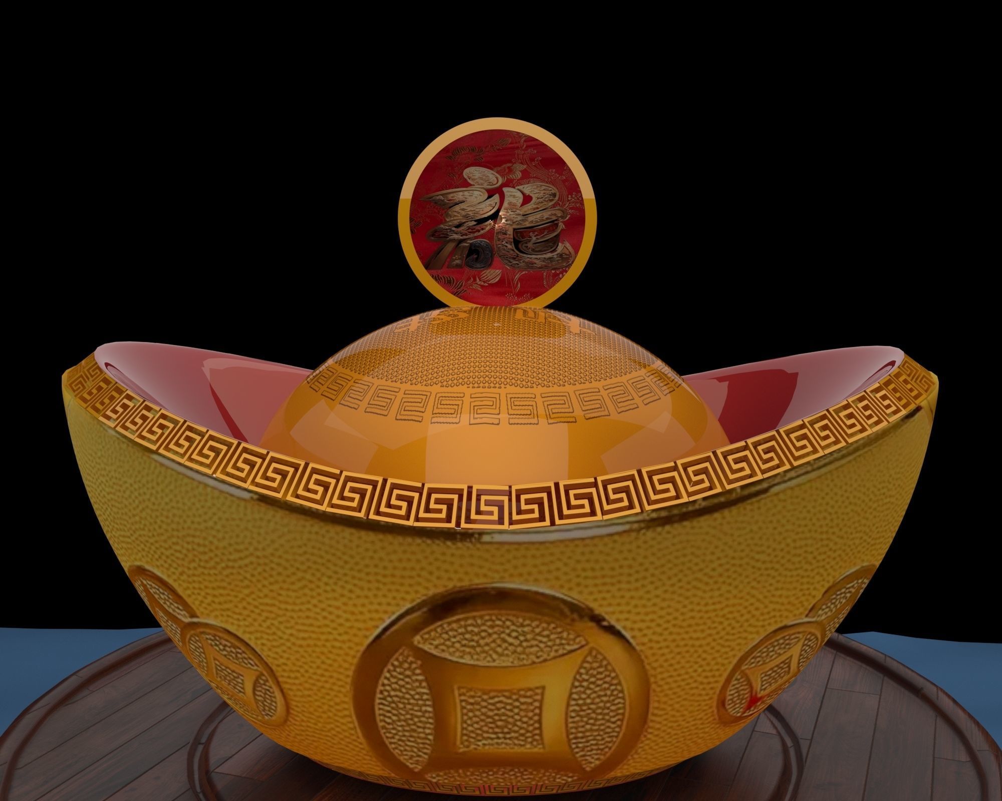 Chinese gold ingot piggy bank 3D model_4