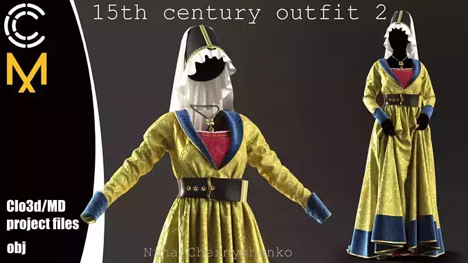 15th century outfit 2 - Marvelous Designer project and OBJ