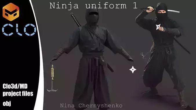 Ninja uniform 1 - Marvelous Designer project and OBJ 3D model
