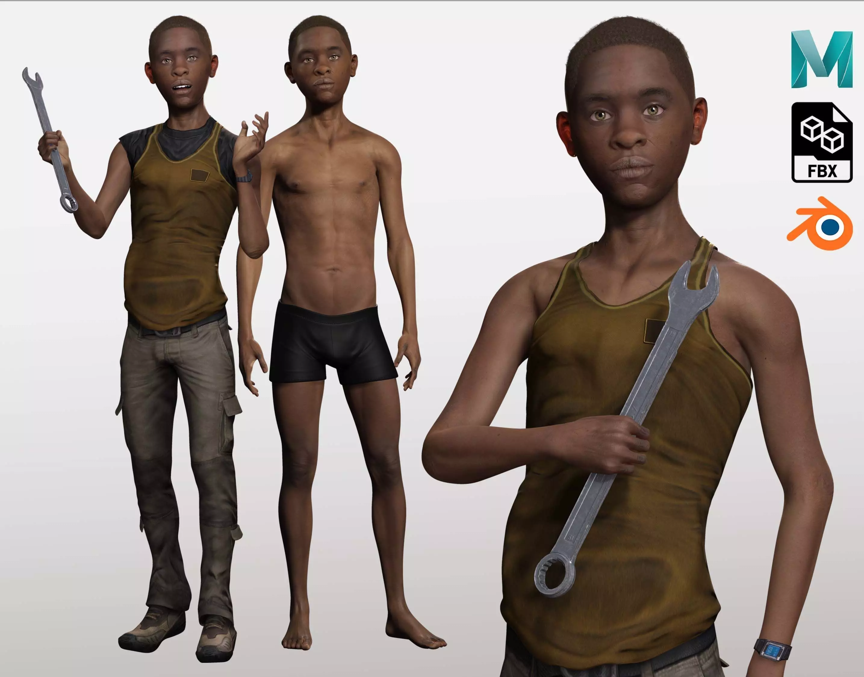 African Boy with Repairman cloth Low-poly 3D model_0