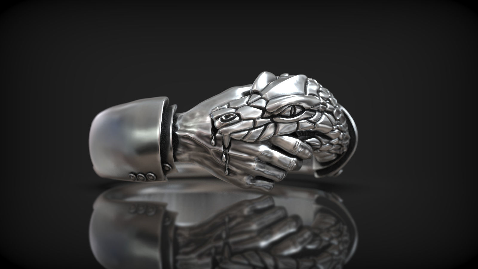 Handshake Trust No One Snake and Hand Man Ring 3D print model_1
