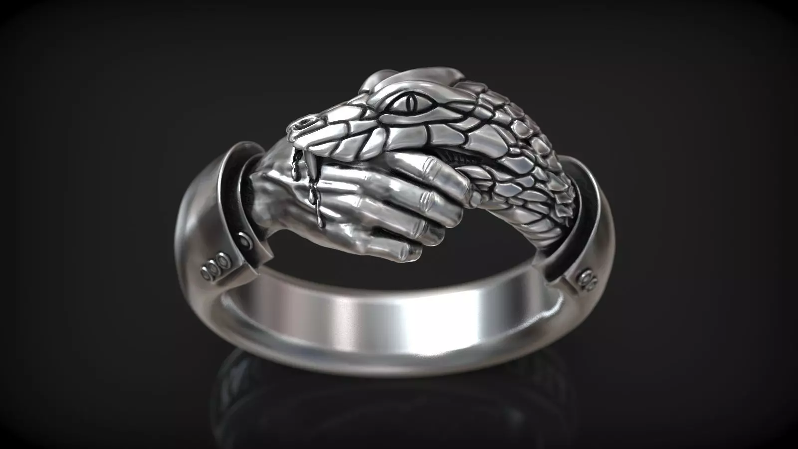 Handshake Trust No One Snake and Hand Man Ring 3D print model_0