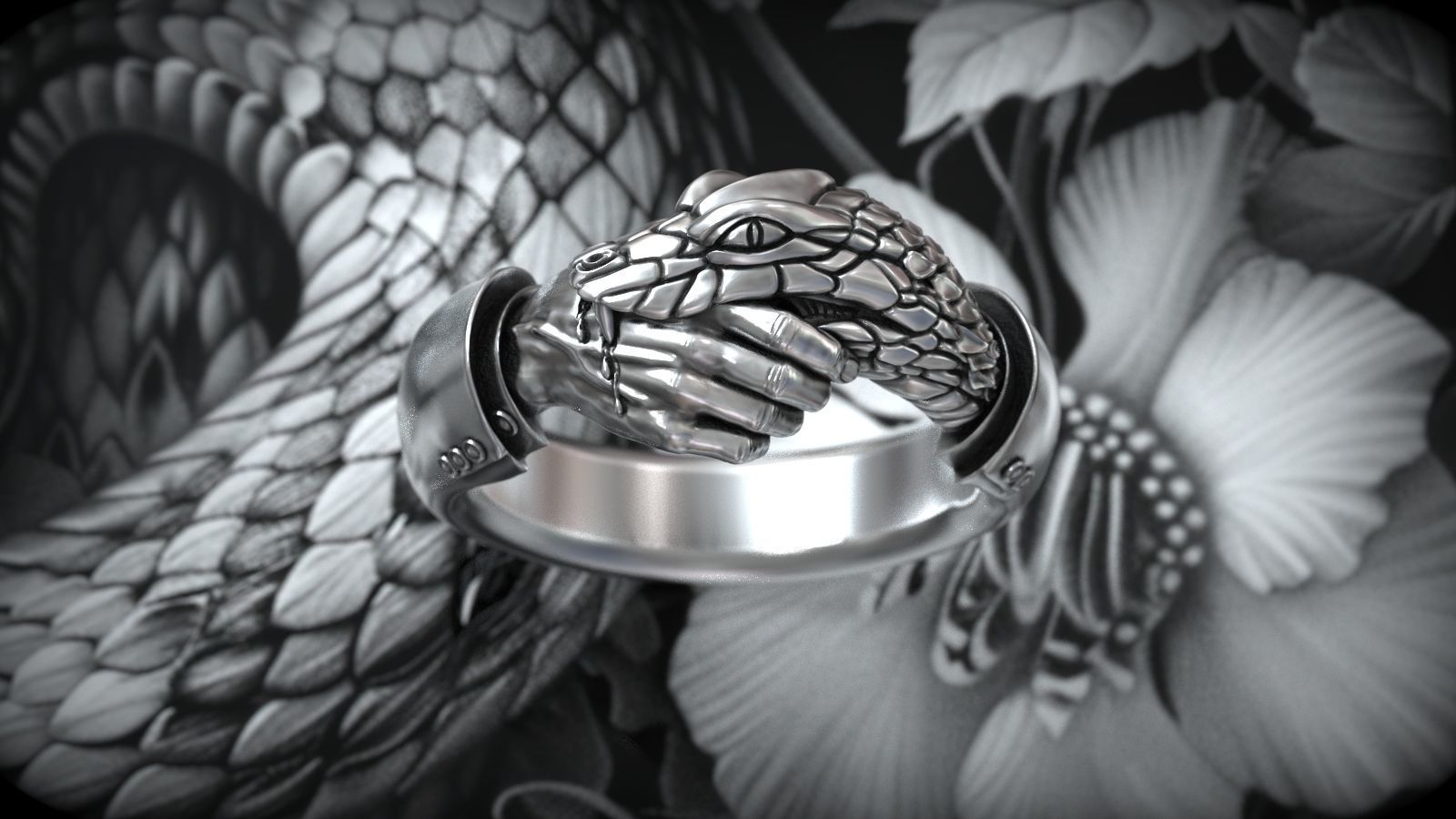 Handshake Trust No One Snake and Hand Man Ring 3D print model_6