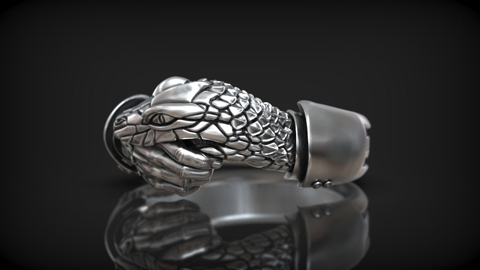 Handshake Trust No One Snake and Hand Man Ring 3D print model_3