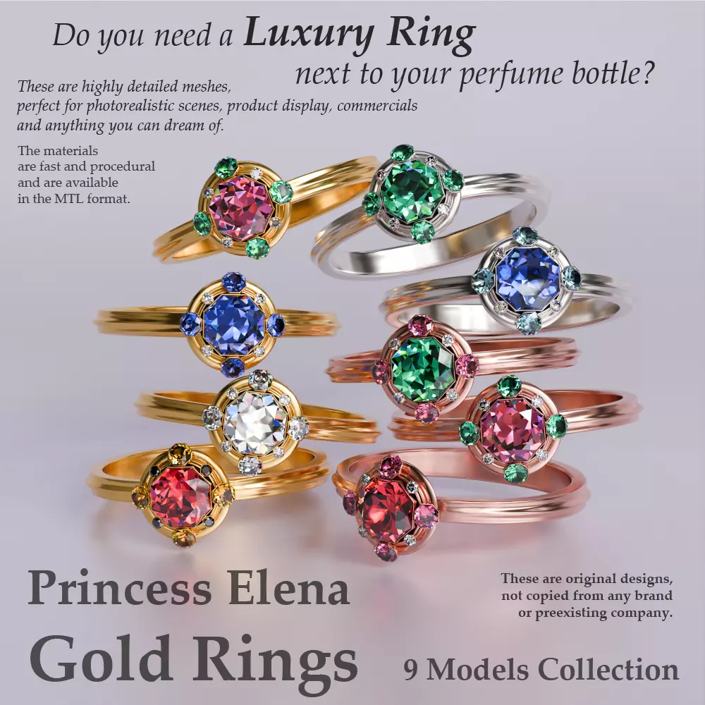 Princess Elena Gold Rings Set 3D model_0