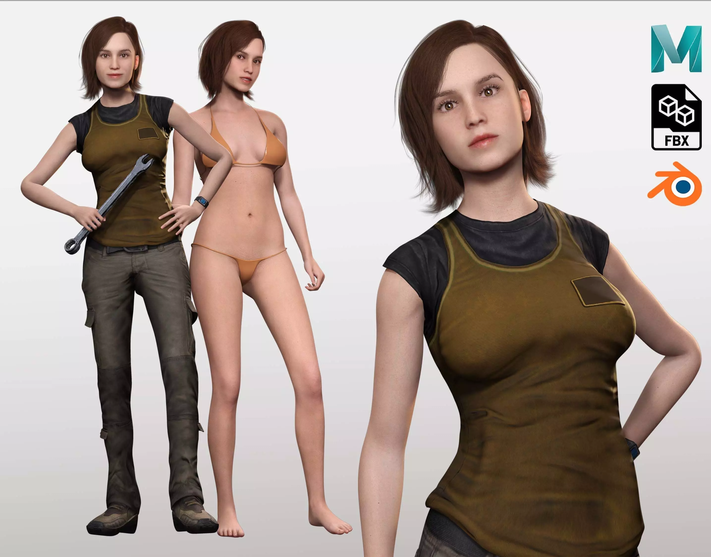 Sabrina- Realistic Woman with Repairman cloth Low-poly 3D model_0