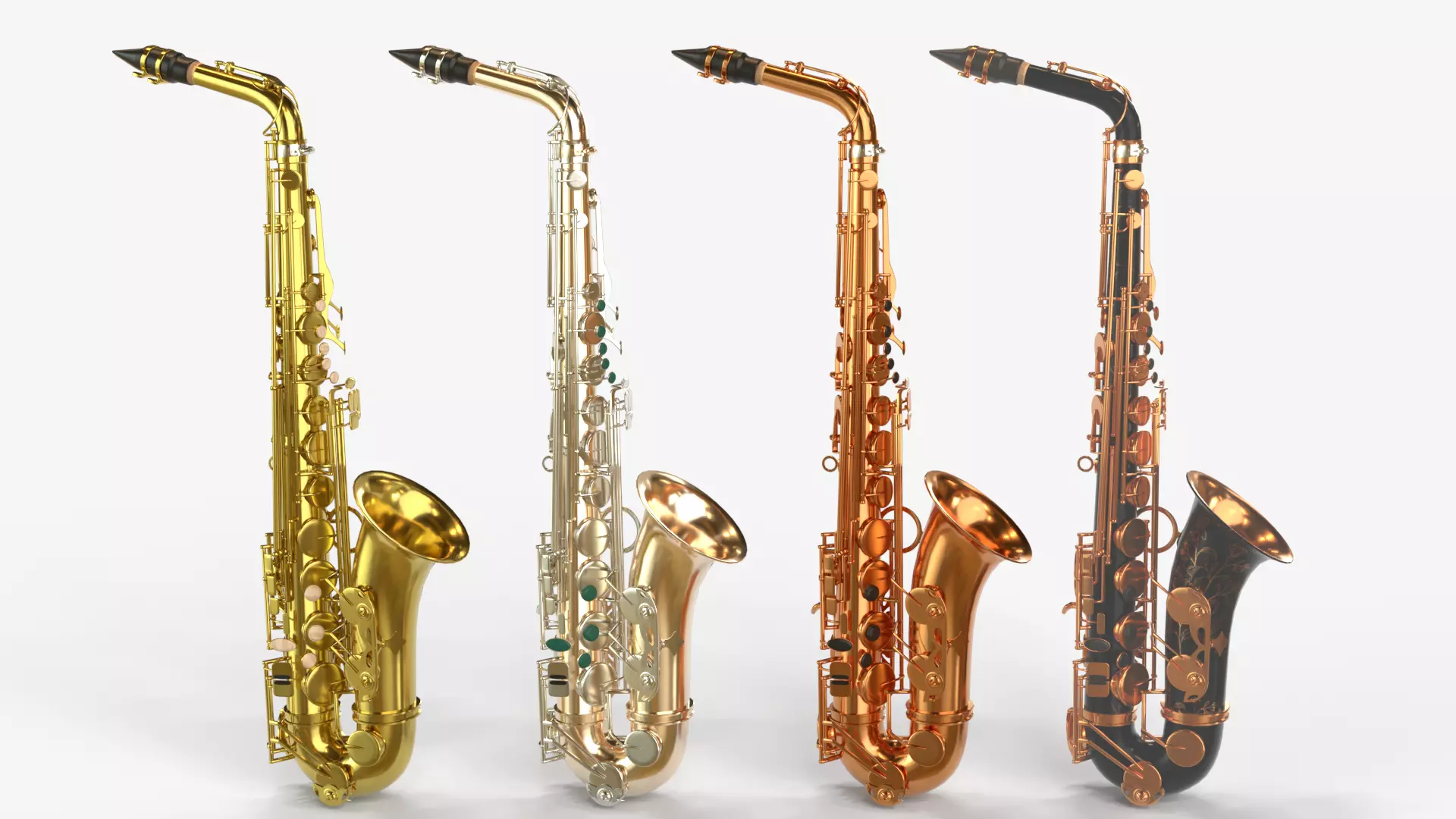 Saxophone Four Types of Materials Brass Copper Black and Silver 3D model_0