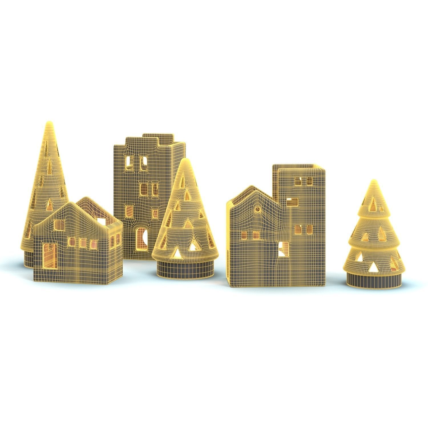 Ceramic Tealight Village Set  PBR 3D model_5
