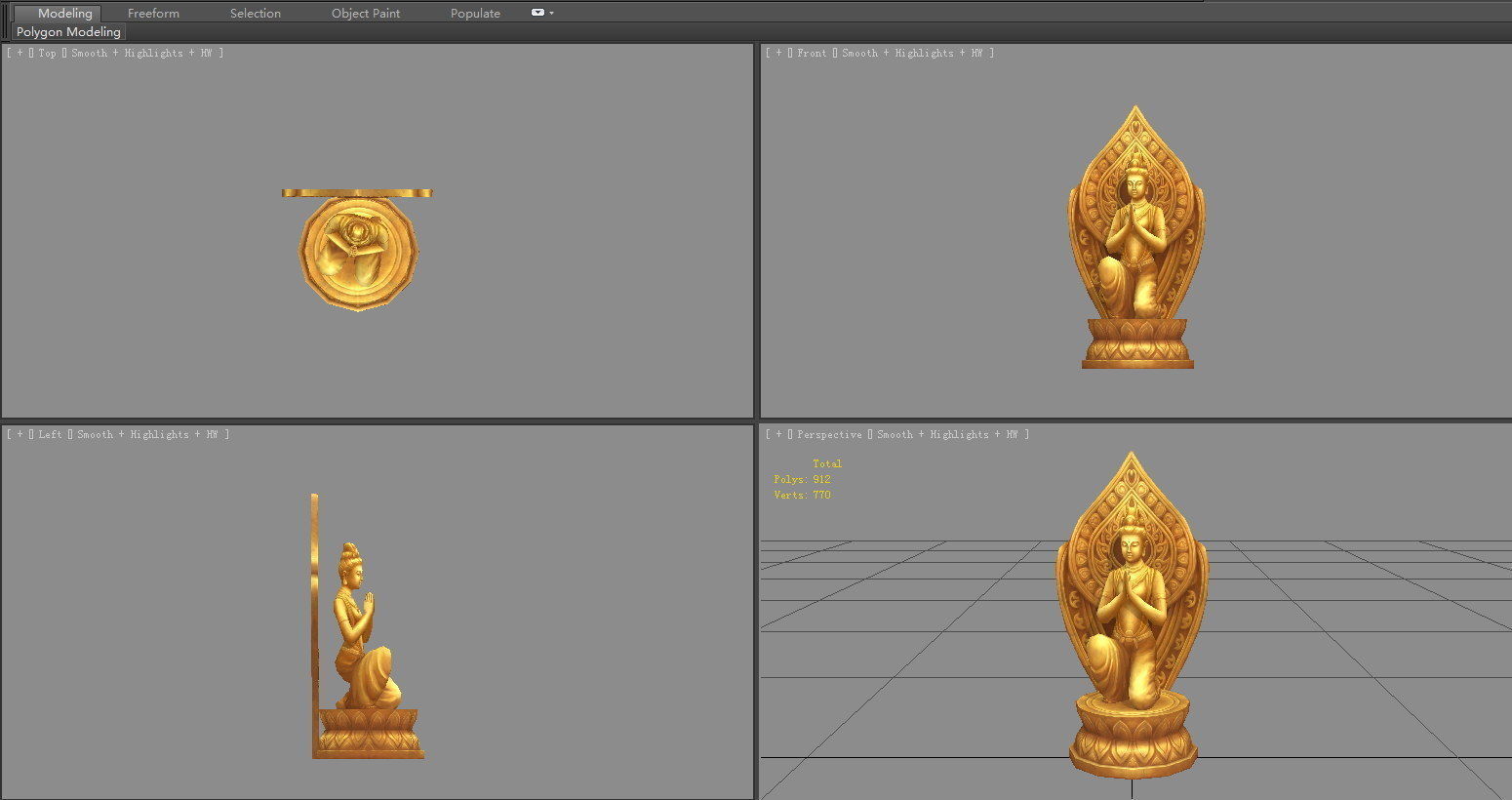 Golden Bodhisattva statue - A squatting Buddha statue Low-poly 3D model_4