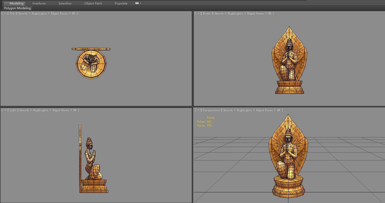 Golden Bodhisattva statue - A squatting Buddha statue Low-poly 3D model_5