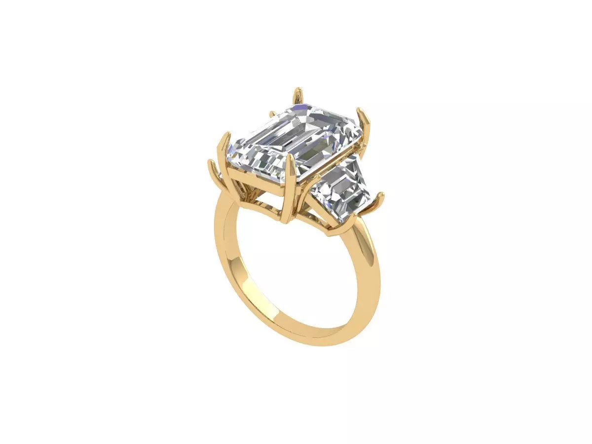 Emerald 3 Stone Art Deco Ring 3D print model_0