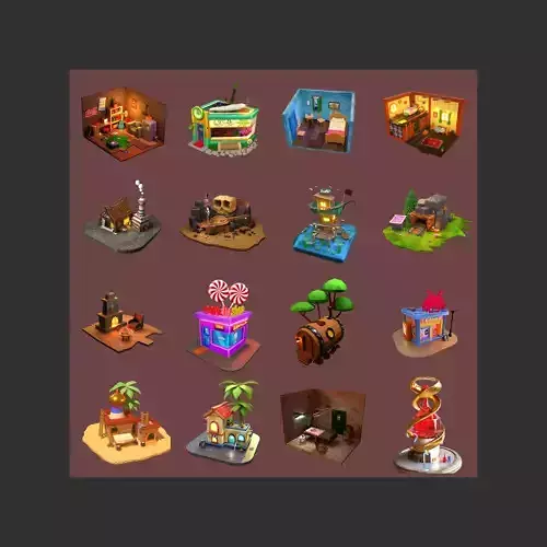 20 High detailed 3D isometric rooms and scenes Mega pack