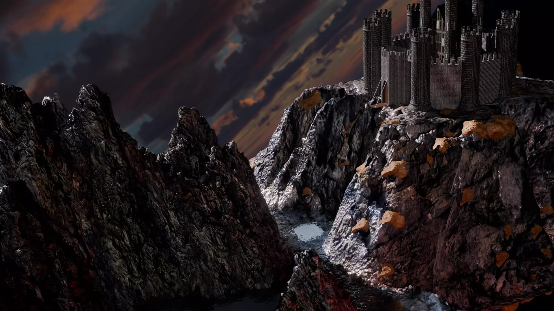 castle in mountains on water landscape view Low-poly 3D model