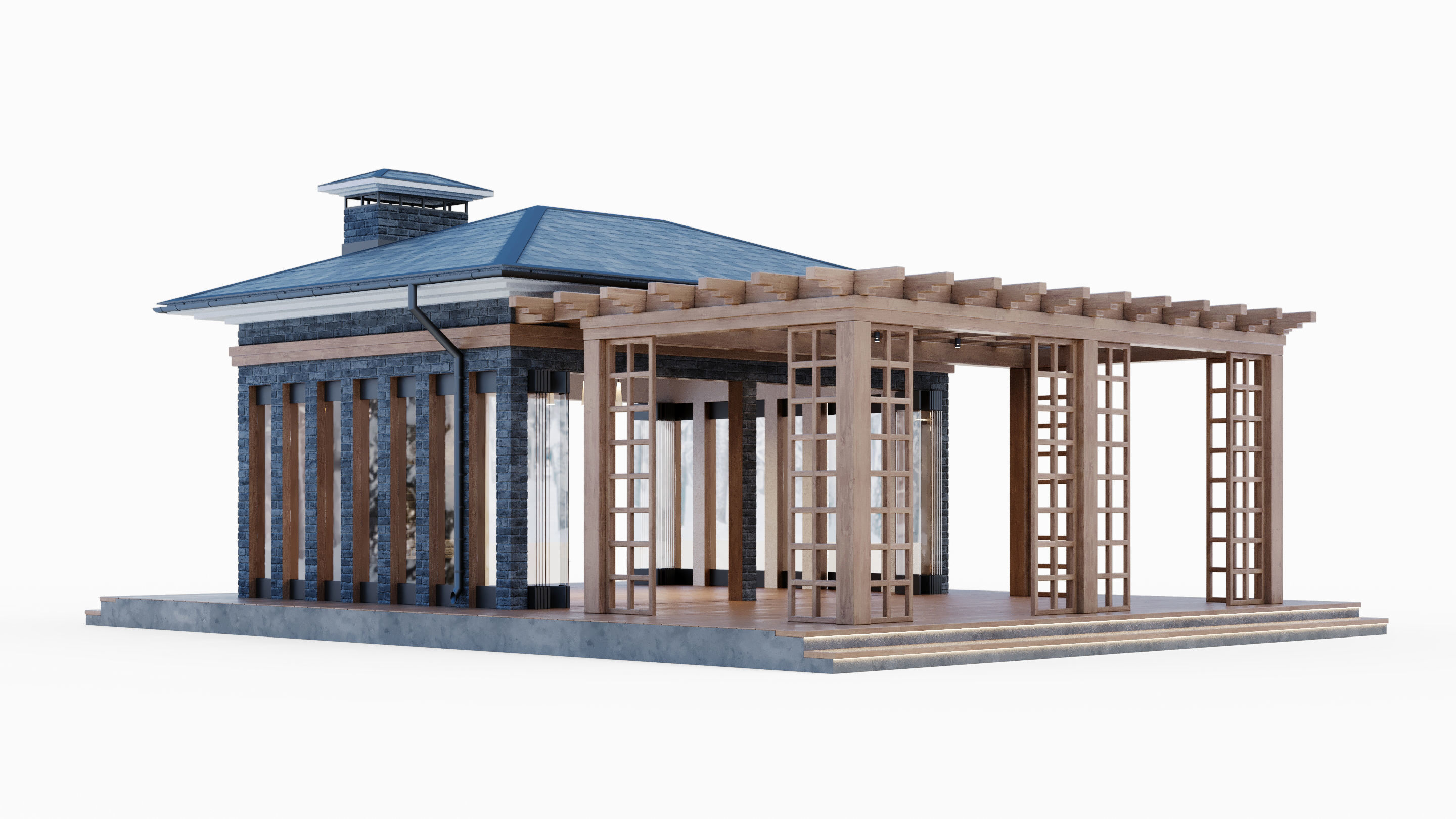 All-season gazebo with terrace and pergola 3D model_10