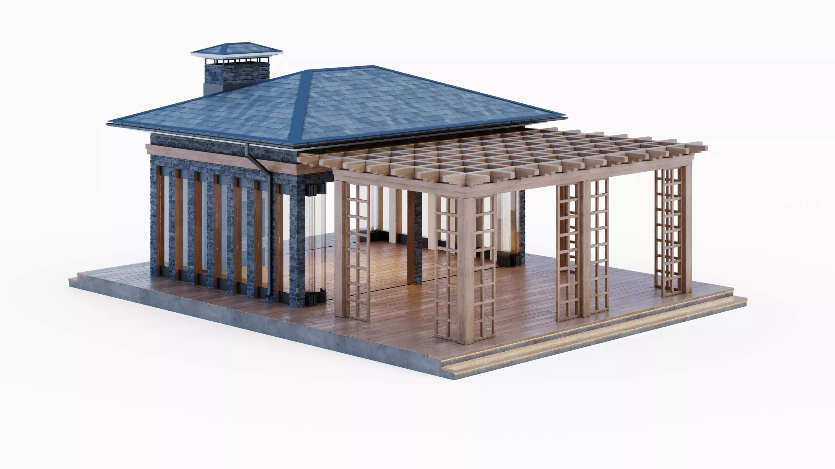 All-season gazebo with terrace and pergola 3D model_0
