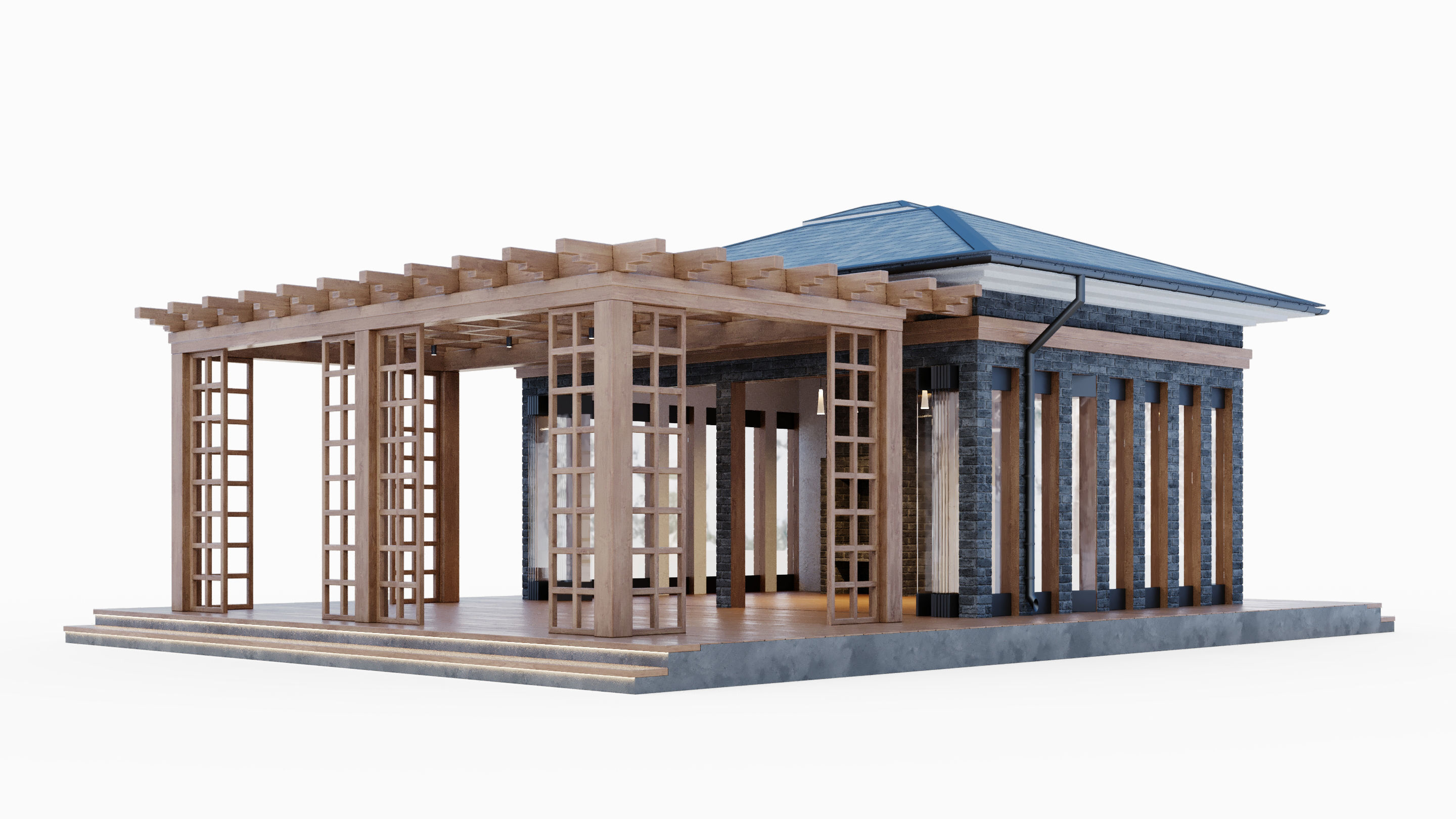 All-season gazebo with terrace and pergola 3D model_4