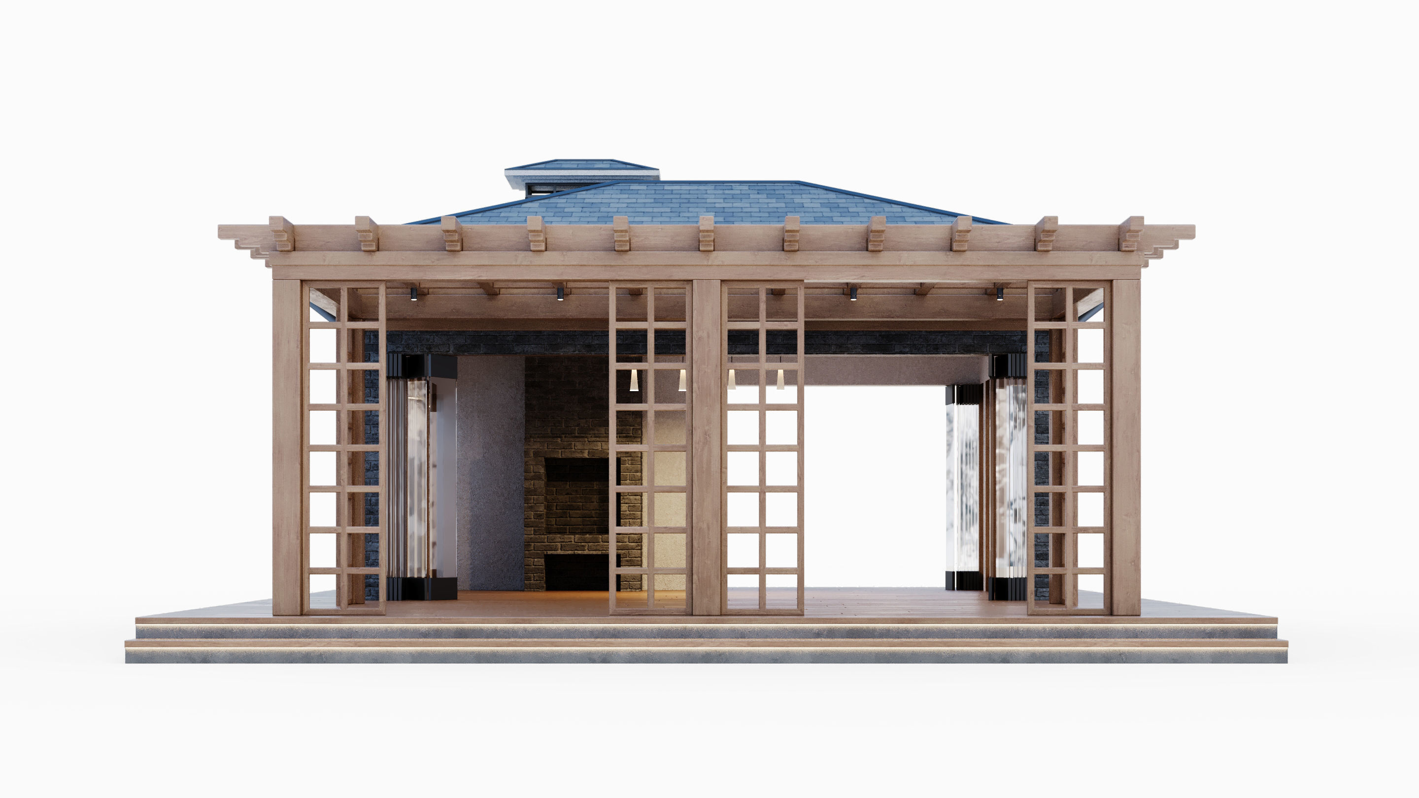 All-season gazebo with terrace and pergola 3D model_3