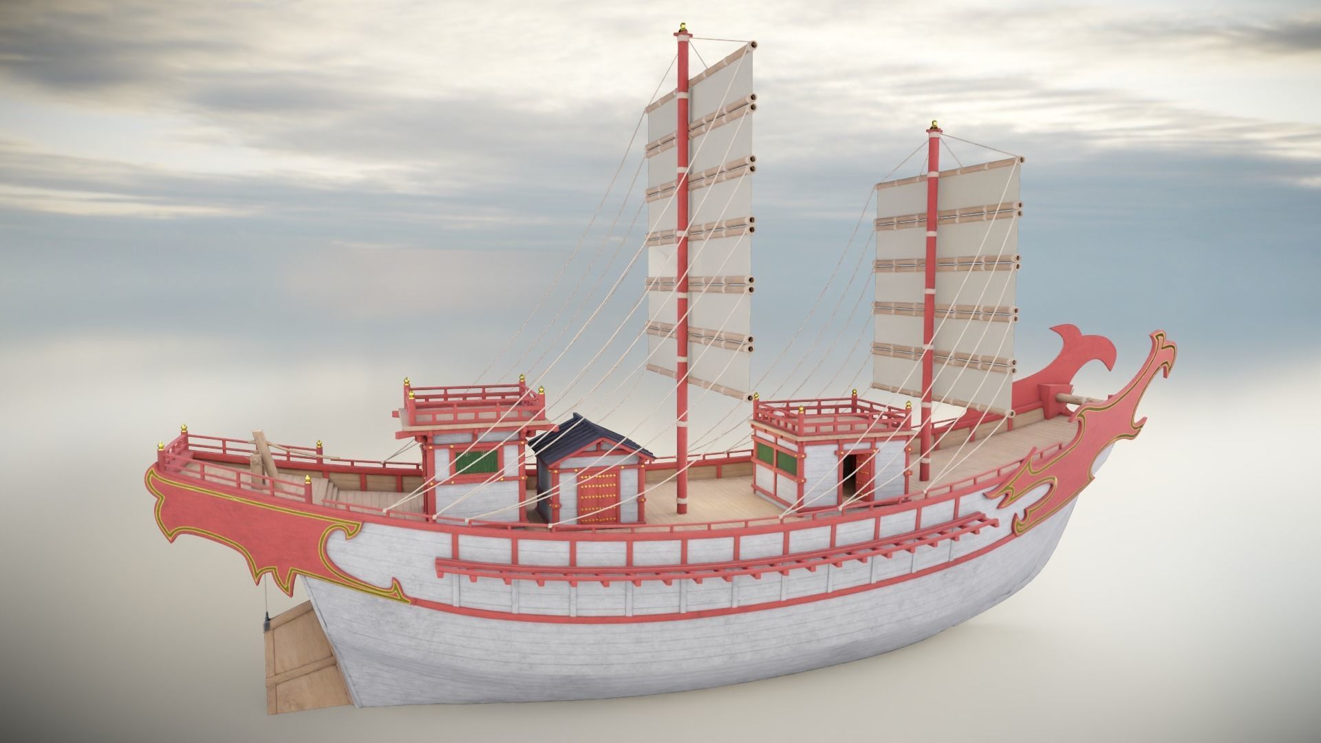 Kentoshi-sen - Asian ship Low-poly 3D model_7