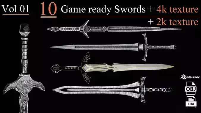 10 Game Ready Swords PBR Low poly 01