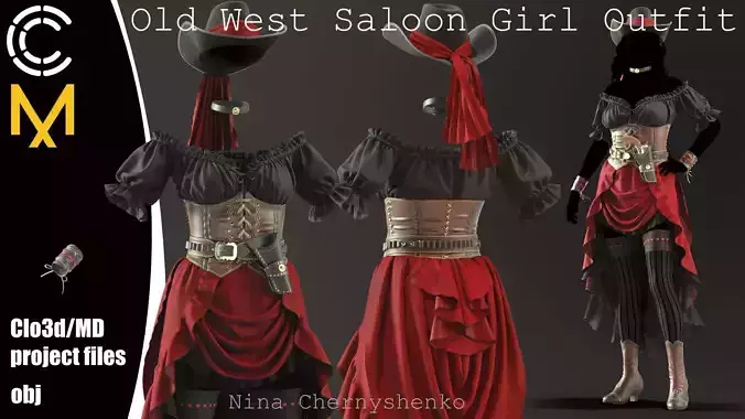 Old West Saloon Girl Outfit - Marvelous Designer project and OBJ