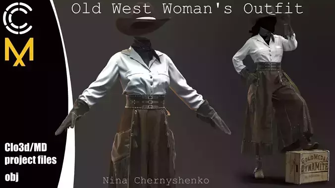 Old West Womans Outfit - Marvelous Designer project and OBJ