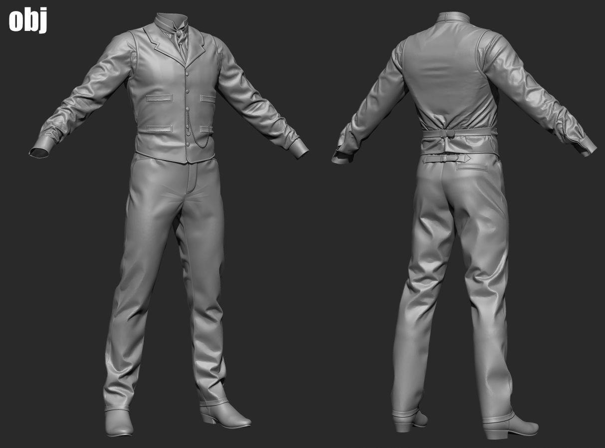 Old West Mans Outfit 1 - Marvelous Designer project and OBJ 3D model_6