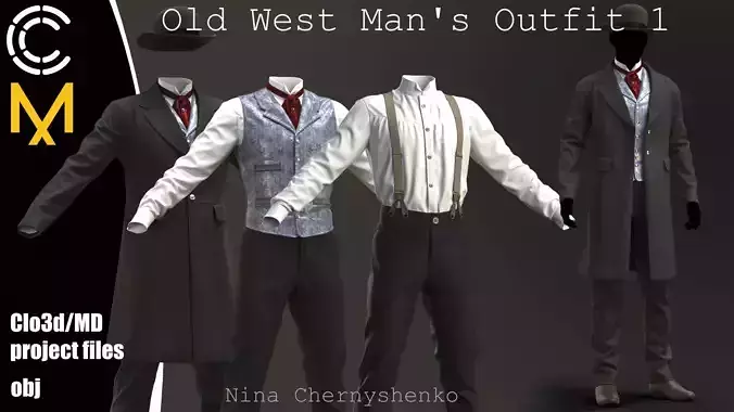 Old West Mans Outfit 1 - Marvelous Designer project and OBJ 3D model
