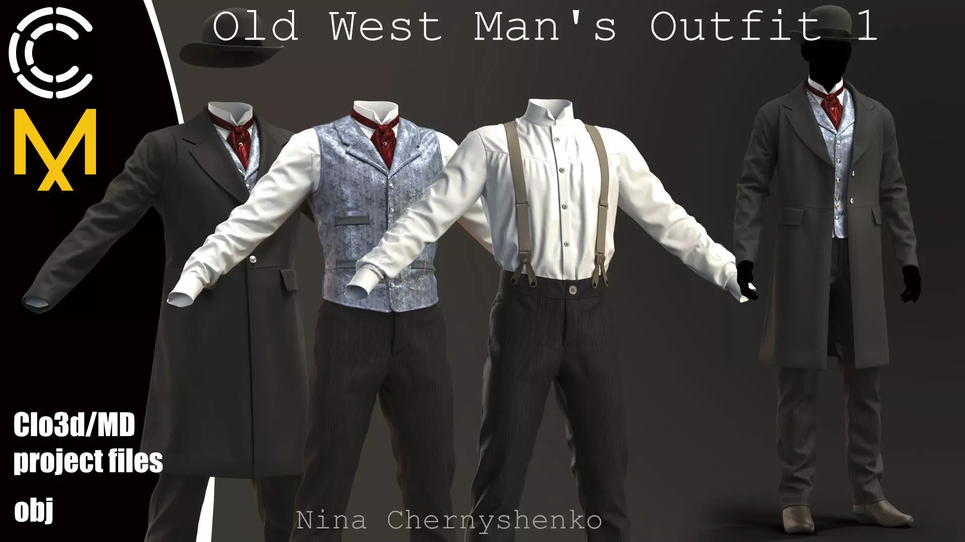 Old West Mans Outfit 1 - Marvelous Designer project and OBJ 3D model_0