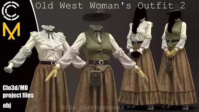 Old West Womans Outfit 2 - Marvelous Designer project and OBJ