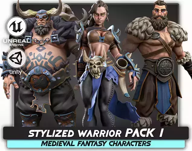 Stylized Warrior Pack 1 - Hero Fantasy Characters Medieval - 46 Low-poly 3D model