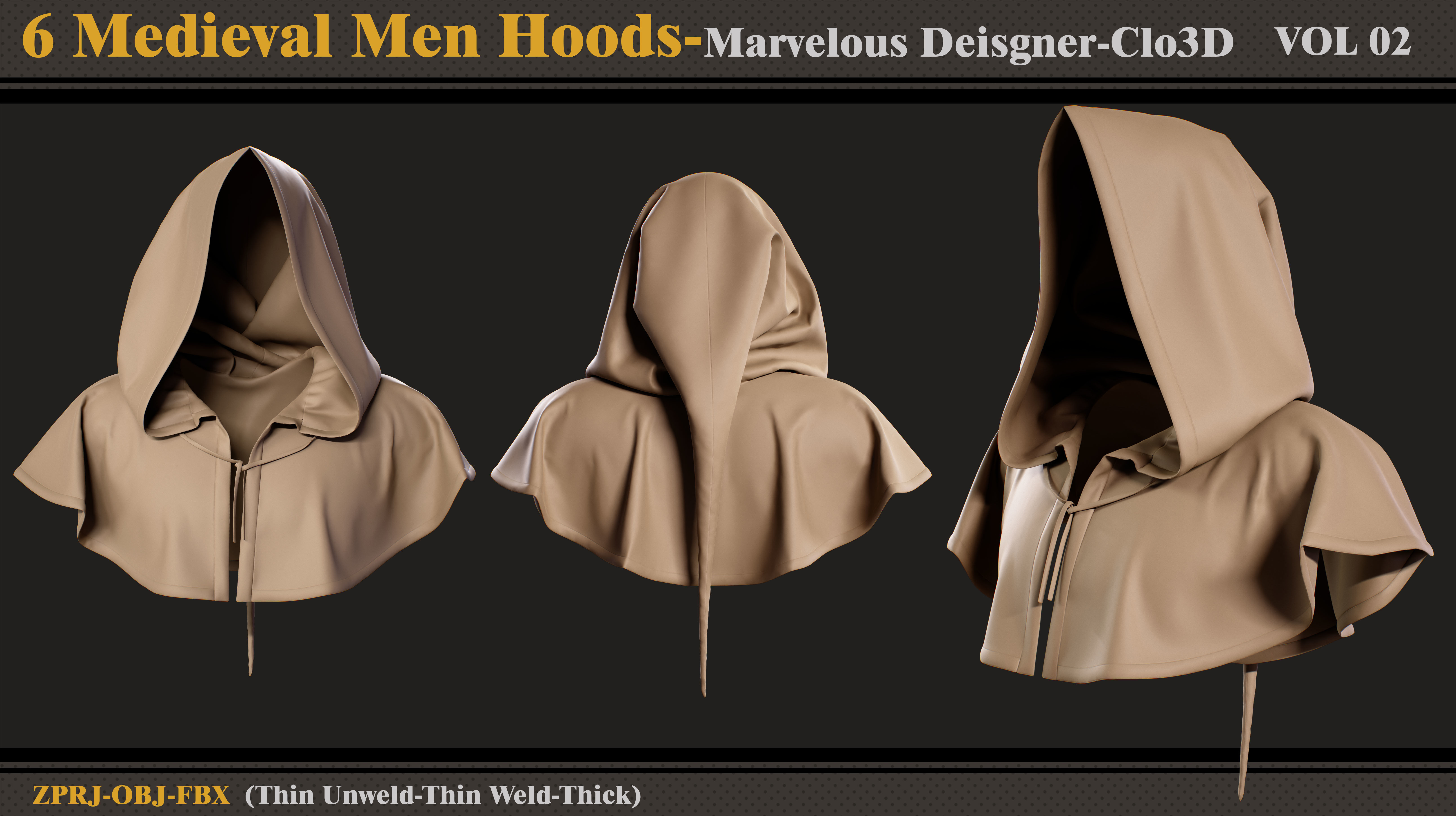6 Medieval Men Hoods-Md-Clo3D-ZPRJ-FBX -OBJ 3D model_5